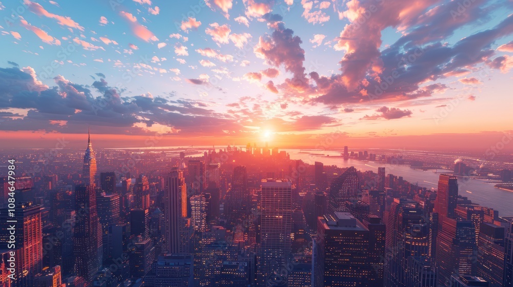 Obraz premium A vibrant sunset over a cityscape with tall buildings, casting a warm glow over the scene.