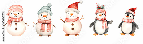 Adorable Christmas Cartoon Animation of Watercolor Snowman, Penguin, Teddy Bear, and Scandinavian Gnome in Festive Knitwear, Perfect for Holiday Projects photo