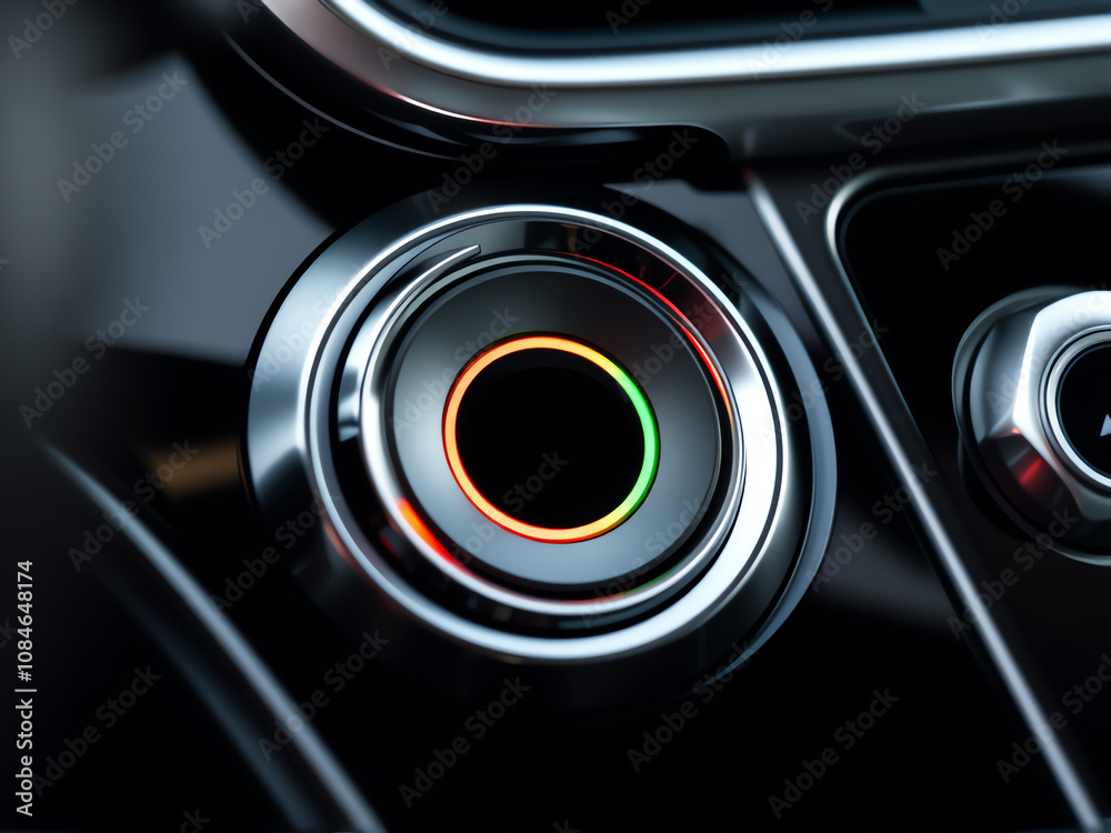 Close-up of a modern car ignition button illuminating in green and orange colors inside a sleek vehicle dashboard Close-up of a modern car ignition button illuminating in green and orange colors inside a sleek vehicle dashboard