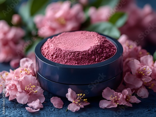 Elegant Arrangement of Blush Powder on Solid Navy Blue Background Surrounded by Delicate Pink Floral Accents for Beauty and Cosmetics Photography photo