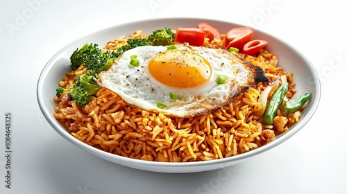 Colorful Plate of Indonesian Nasi Goreng Topped with a Fried Egg