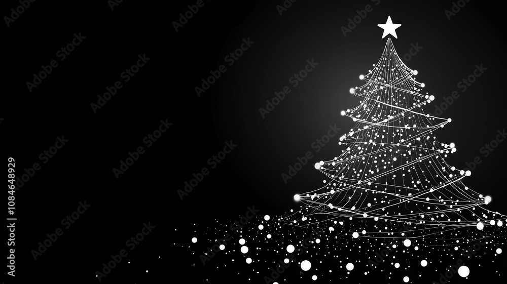 Elegant Christmas Tree Outline with Glowing Lights on Black Background Elegant Christmas Tree Outline with Glowing Lights on Black Background