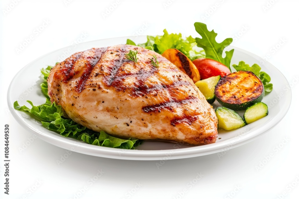 A plate of grilled chicken and vegetables A plate of grilled chicken and vegetables