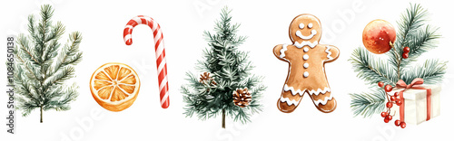 Vintage Christmas Decorations and Festive Foods in Watercolor, Featuring Gingerbread Cookie, Candy Cane, Fir Tree, Spruce, and Dried Orange for Holiday-Themed Designs