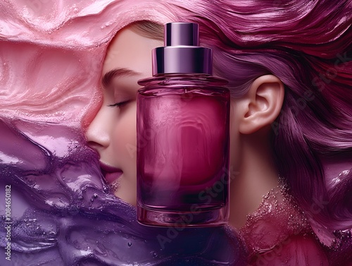 Aesthetic Beauty Serum with Soft Colors Featuring a Young Woman's Profile Surrounded by Fluid Textures and Vibrant Hair in Shades of Pink and Purple photo