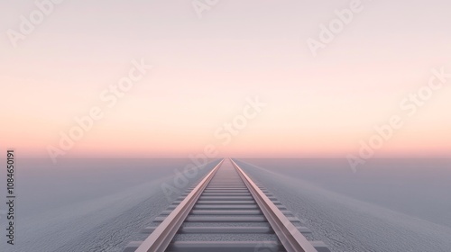 A long, straight railroad track disappears into the distance against a soft, pink sky.