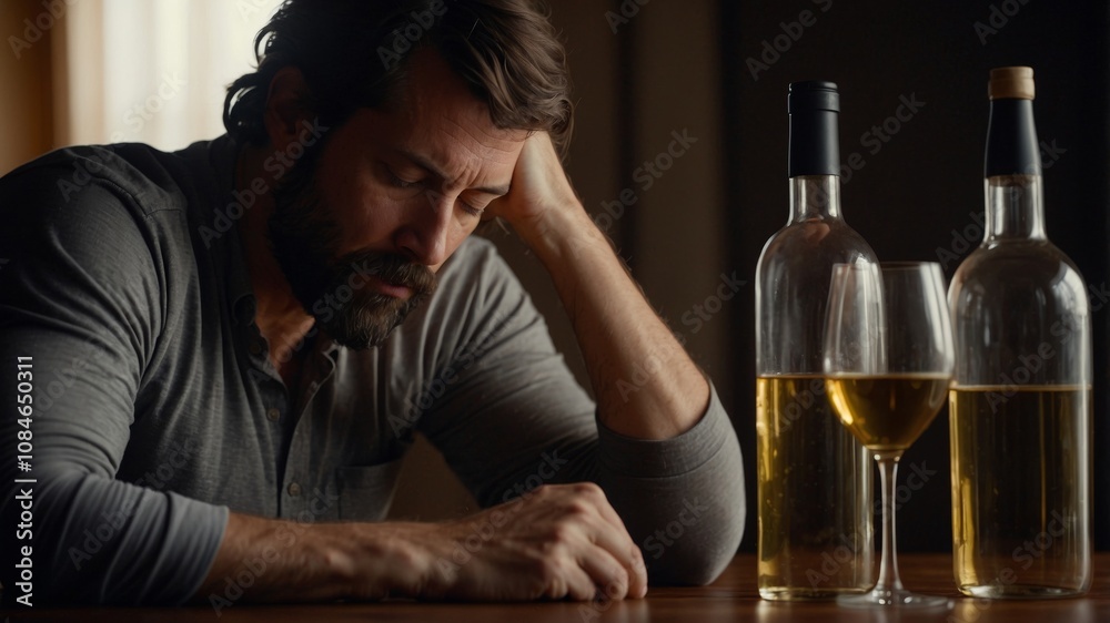 Contemplative man sitting at table with wine bottles in moody lighting Contemplative man sitting at table with wine bottles in moody lighting