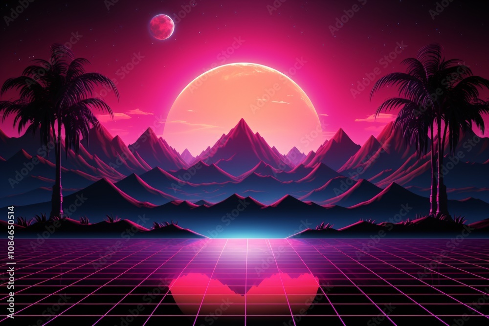 Naklejka premium Retrowave wallpaper, Vaporwave Landscape, Synthwave background, Aesthetic Retro Wave mountain, futuristic sunset landscape, Neon retrowave landscape, AI Generative