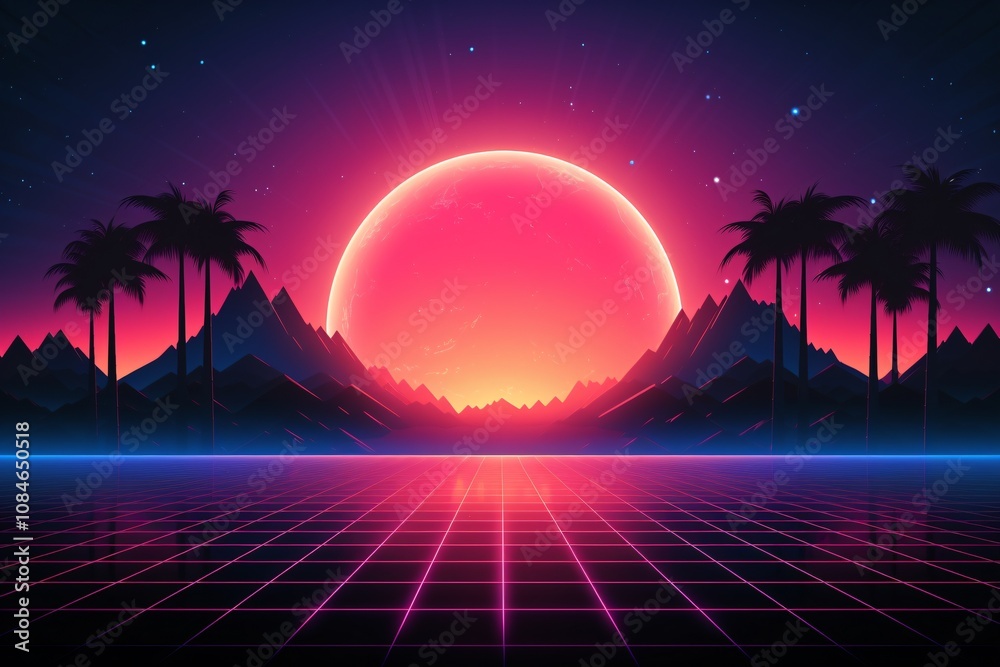 Naklejka premium Retrowave wallpaper, Vaporwave Landscape, Synthwave background, Aesthetic Retro Wave mountain, futuristic sunset landscape, Neon retrowave landscape, AI Generative