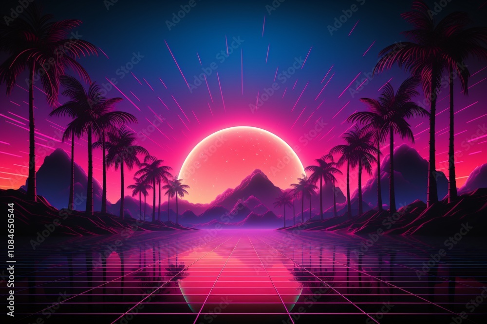 Naklejka premium Retrowave wallpaper, Vaporwave Landscape, Synthwave background, Aesthetic Retro Wave mountain, futuristic sunset landscape, Neon retrowave landscape, AI Generative
