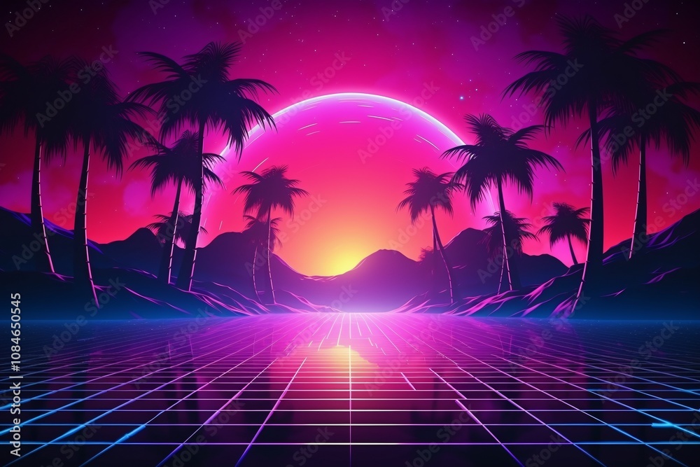 Fototapeta premium Retrowave wallpaper, Vaporwave Landscape, Synthwave background, Aesthetic Retro Wave mountain, futuristic sunset landscape, Neon retrowave landscape, AI Generative