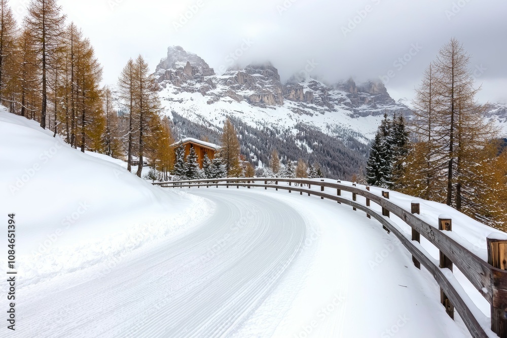 A snowy road with a wooden fence on the side A snowy road with a wooden fence on the side