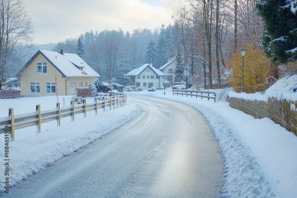 A snowy road with houses on either side A snowy road with houses on either side