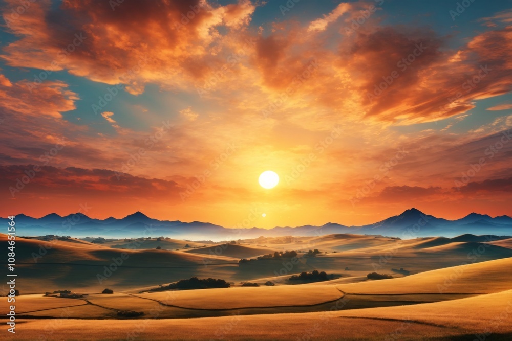 Obraz premium Sunset Landscape Background, Sunset Scenery Wallpaper, Sunset Background, Beautiful Sunset Wallpaper, Nature Wallpaper, Sunrise Wallpaper, AI Generative