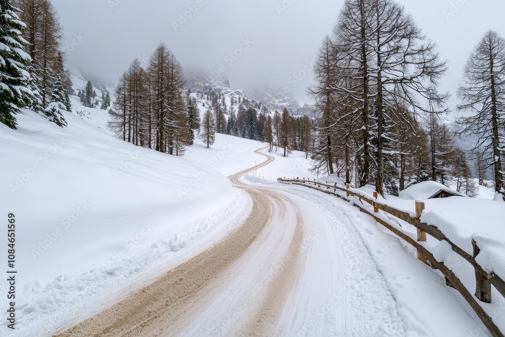 A snow covered road with a fence on the side A snow covered road with a fence on the side