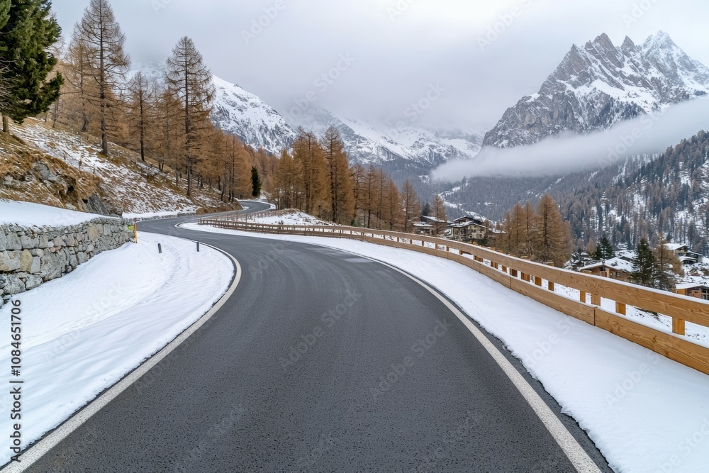 A snowy mountain road with a long curve A snowy mountain road with a long curve