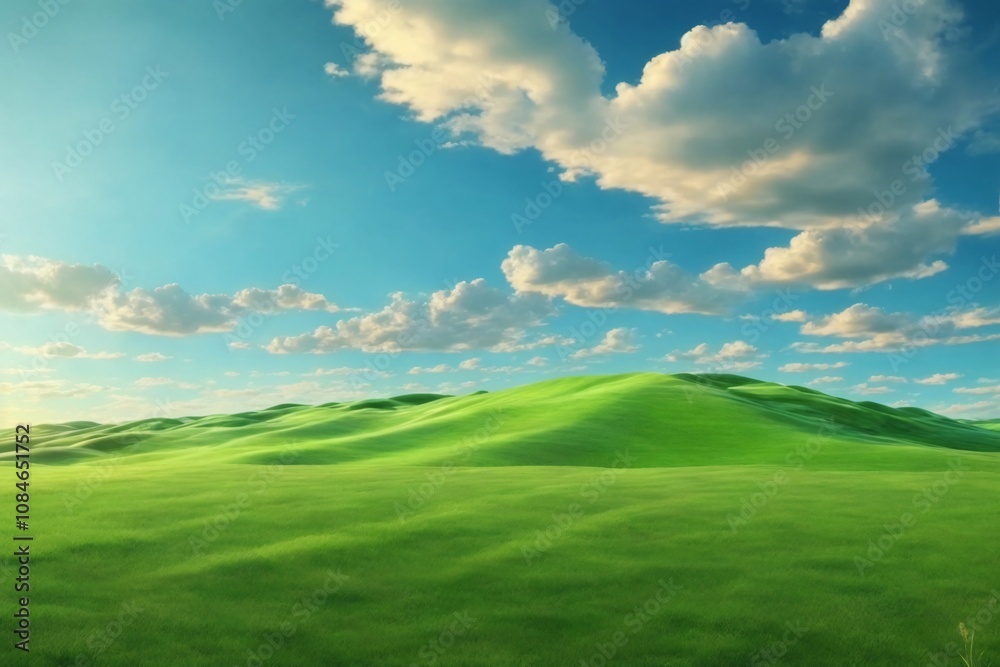 Green Grass field on Small Hills and Blue Sunny Sky, Green Hills Wallpaper, Green Hills Landscape, Green Field Landscape, green meadow and blue sky, AI Generative