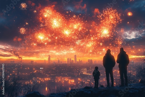 Family Watching Fireworks Over a Cityscape at Sunset