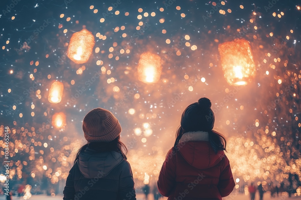 Children Watching Fireworks During Winter Festival Night Children Watching Fireworks During Winter Festival Night