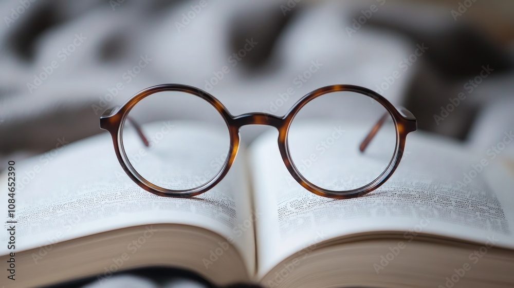 Round glasses on open book with blurred pages Round glasses on open book with blurred pages
