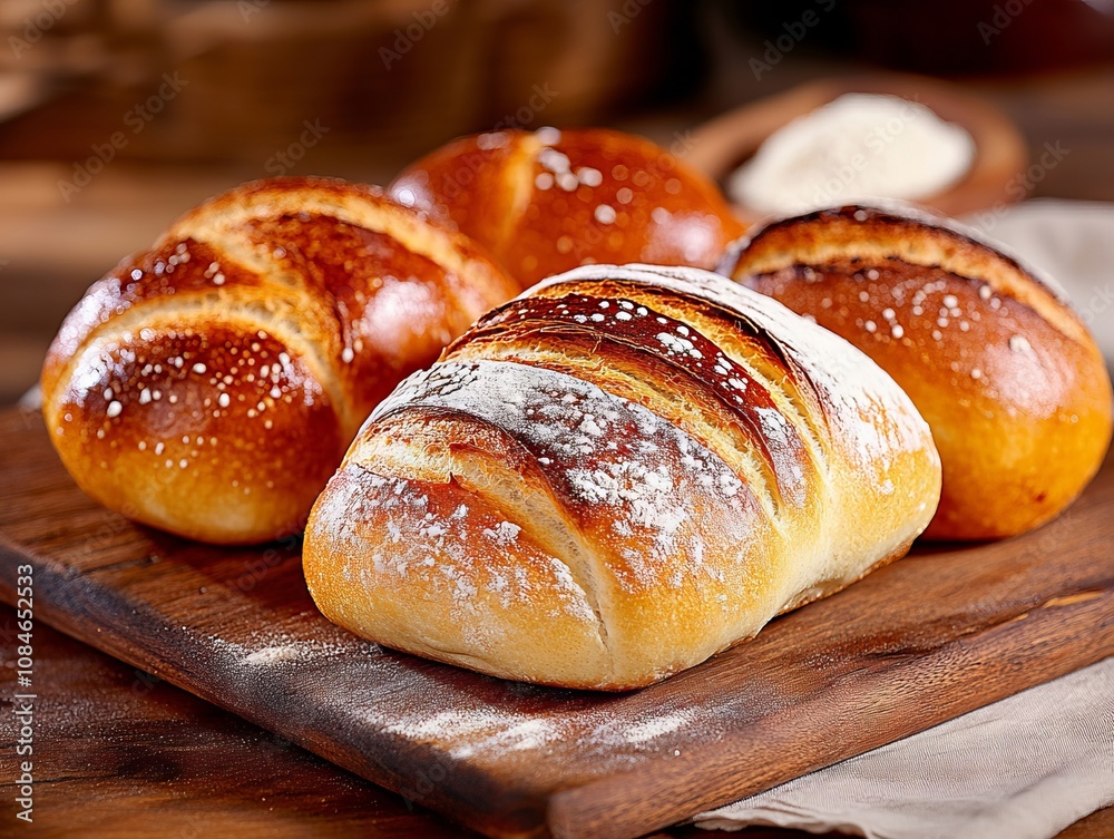 A wooden cutting board topped with three rolls of bread A wooden cutting board topped with three rolls of bread