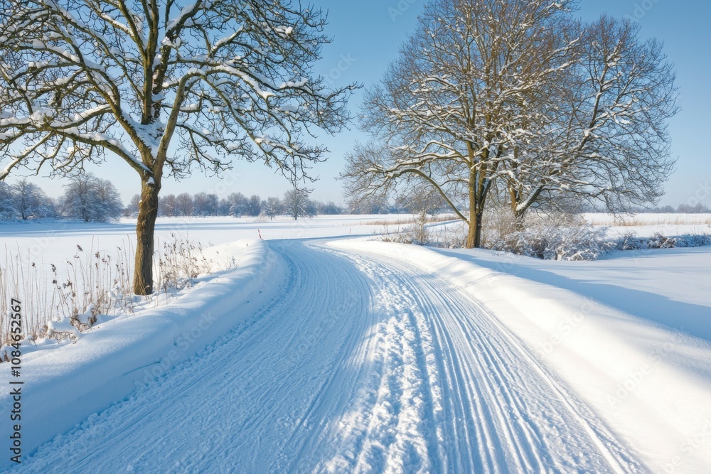 A snowy road with trees in the background A snowy road with trees in the background