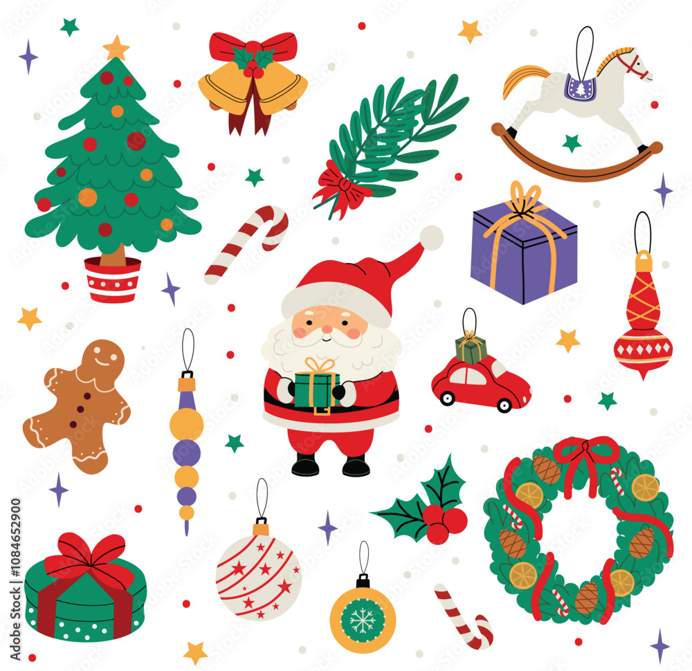 Christmas set with Santa Claus, tree, gifts, wreath, gingerbread, candy cane, rocking horse, ornaments, bells, holly, and festive decorations. Color winter illustration with white isolated background. Christmas set with Santa Claus, tree, gifts, wreath, gingerbread, candy cane, rocking horse, ornaments, bells, holly, and festive decorations. Color winter illustration with white isolated background.