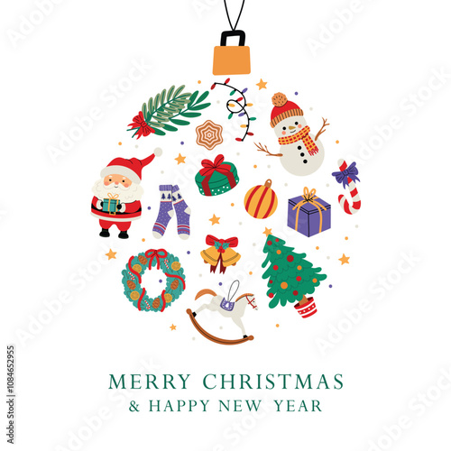 Cute christmas greeting card design. Festive bauble illustration filled with holiday elements, including Santa, snowman, gifts, wreath, tree, and ornaments. Vector illustration on white background.