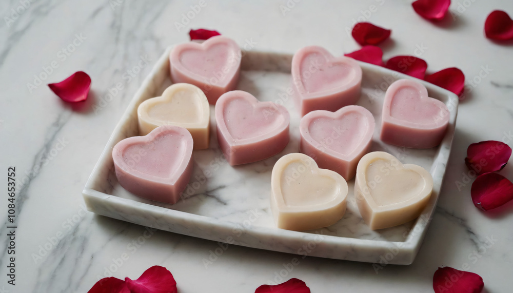 Heart-shaped jelly desserts on a marble tray with rose petals on the background Heart-shaped jelly desserts on a marble tray with rose petals on the background