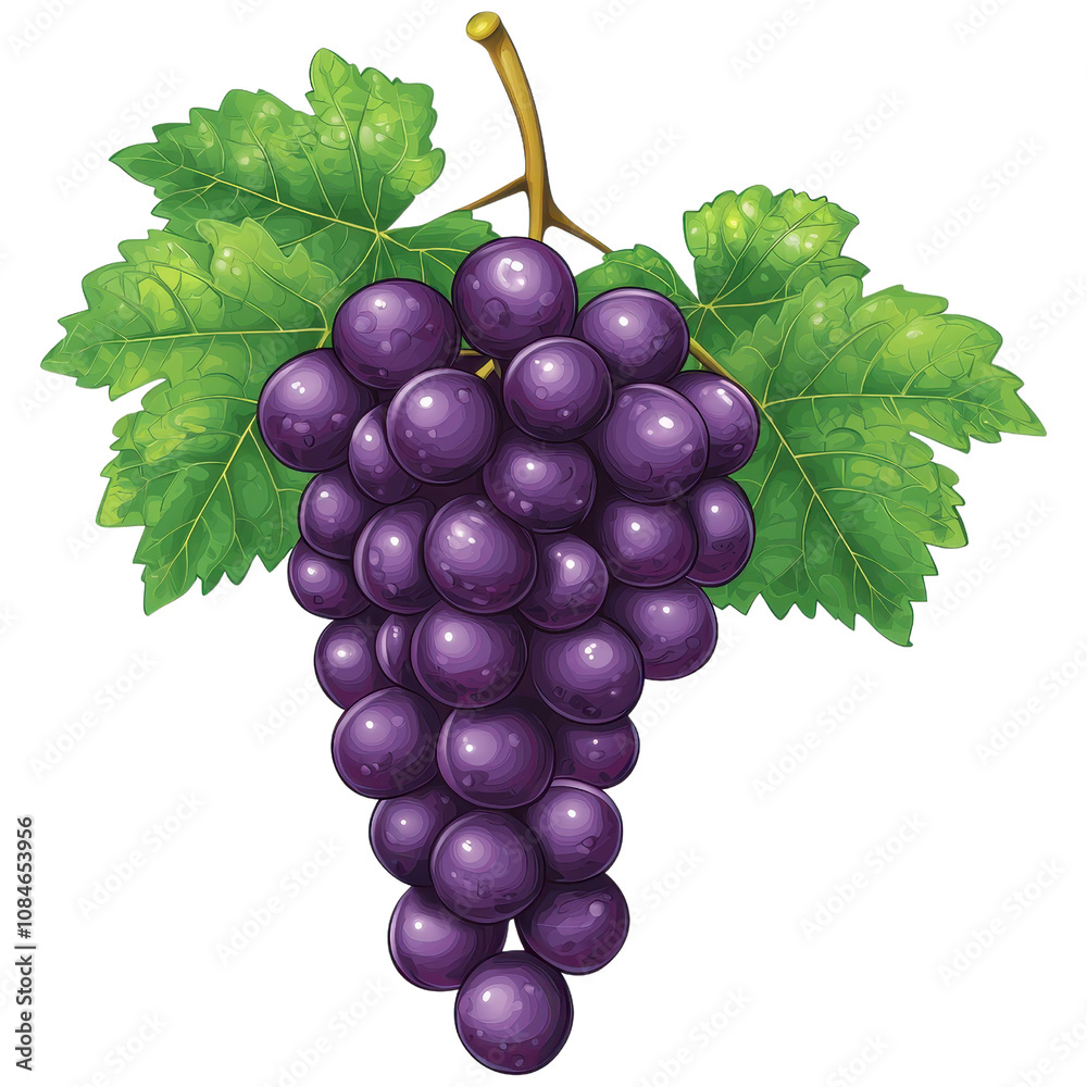 Fototapeta premium Fresh Bunch of Purple Grapes with Green Leaves