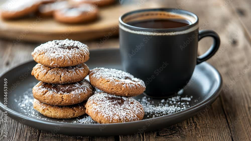 Four shortbread cookies, dusted with powdered sugar, are neatly stacked on a dark gray plate Four shortbread cookies, dusted with powdered sugar, are neatly stacked on a dark gray plate