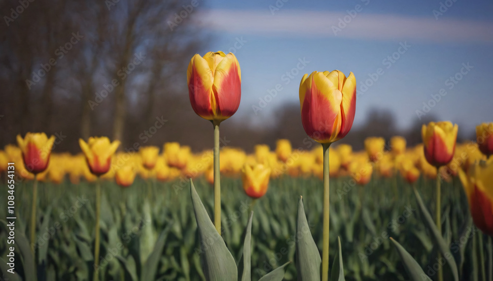 Vibrant yellow and red tulips blooming in a sunny field on a clear day with copy space Vibrant yellow and red tulips blooming in a sunny field on a clear day with copy space