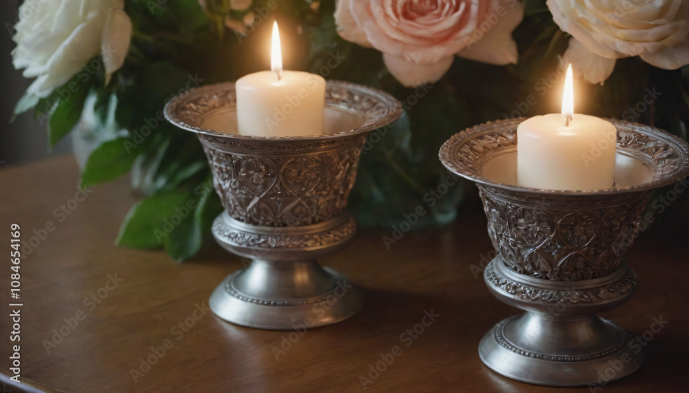 Elegant candles in ornate silver holders beside a bouquet of roses on a wooden table with copy space Elegant candles in ornate silver holders beside a bouquet of roses on a wooden table with copy space