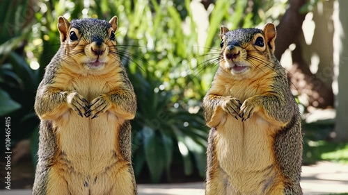 Two plump eastern gray squirrels are standing bipedally in a lush green garden setting bathed in sunlight photo