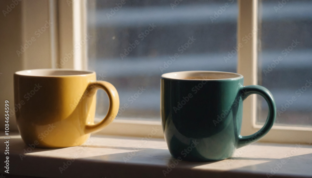 Two colorful mugs on a windowsill, cozy mood, warm sunlight streaming in Two colorful mugs on a windowsill, cozy mood, warm sunlight streaming in
