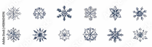 Twenty Intricate Hand-Drawn Snowflake Icons in Vector Format, Isolated on a White Background, Ideal for Seasonal Illustrations and Designs