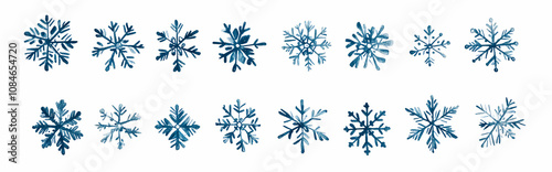 Set of Twenty Hand-Drawn Snowflake Icons Isolated on White Background, Perfect for Winter Designs and Holiday-Themed Graphics