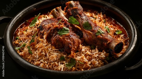 Indian meat biryani, spicy mutton biryani food photography. indian food. Ultra realistic. Photorealistic hypermaximalist advertising photography hyper realistic fine detail