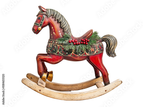 Vintage Wooden Rocking Horse Decorated with Christmas Accents
