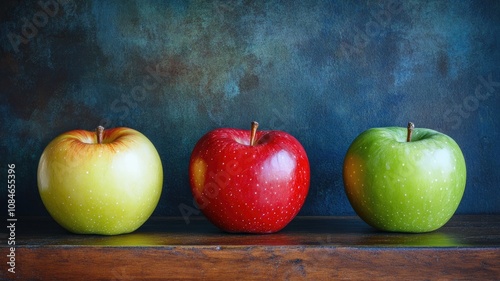 Three apples, two green and one red, against wooden surface dark background