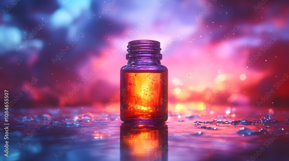 Ethereal Glass Bottle with Serum Reflecting Soft Light in Layered Shadows, Creating a Dreamy Atmosphere Perfect for Artistic Projects Ethereal Glass Bottle with Serum Reflecting Soft Light in Layered Shadows, Creating a Dreamy Atmosphere Perfect for Artistic Projects