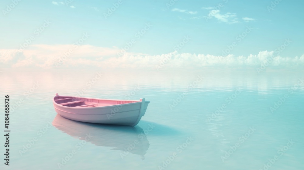 A small pink rowboat floats in the middle of a calm, still body of water. The water is a soft, pastel blue with a hint of purple in the distance. The sky is a pale blue with fluffy white clouds. A small pink rowboat floats in the middle of a calm, still body of water. The water is a soft, pastel blue with a hint of purple in the distance. The sky is a pale blue with fluffy white clouds.