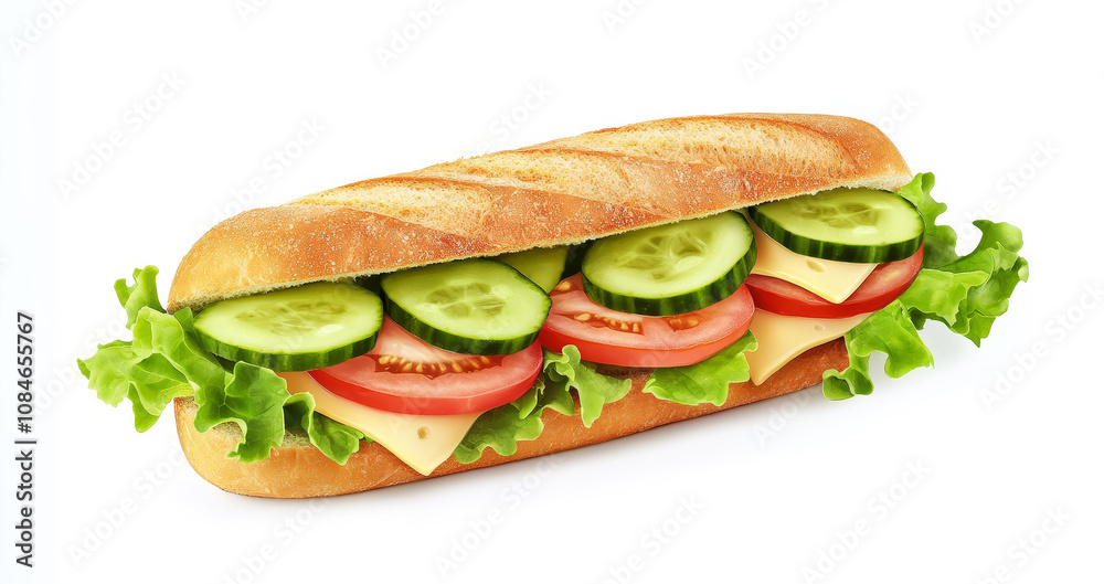 Sandwich cheese tomato cucumber and lettuce leaves isolated on white background. Sandwich cheese tomato cucumber and lettuce leaves isolated on white background.