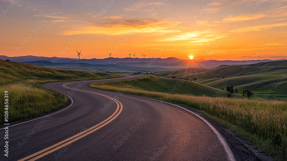 Fototapeta premium Scenic Winding Road Sunrise Wind Turbines Green Hills Countryside Landscape
