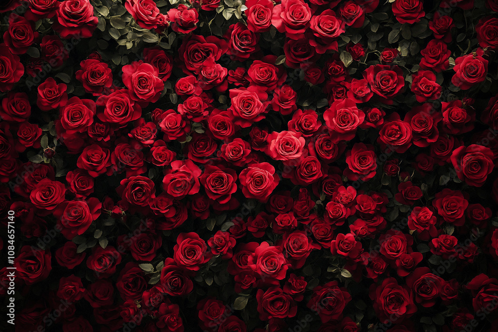 Illustration of a massive wall of red roses, with each rose blooming in full bloom, creating an enchanting and romantic atmosphere. Illustration of a massive wall of red roses, with each rose blooming in full bloom, creating an enchanting and romantic atmosphere.