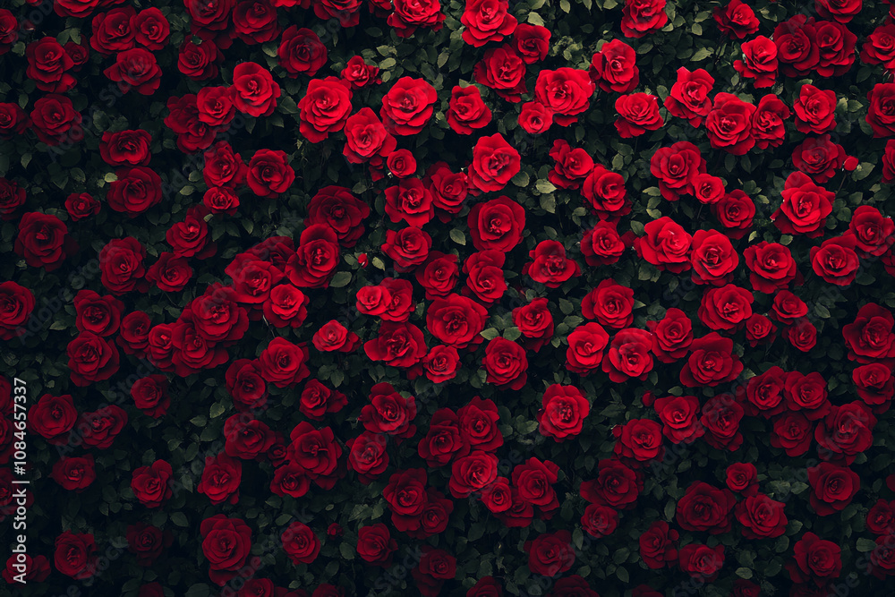 Illustration of a massive wall of red roses, with each rose blooming in full bloom, creating an enchanting and romantic atmosphere. Illustration of a massive wall of red roses, with each rose blooming in full bloom, creating an enchanting and romantic atmosphere.