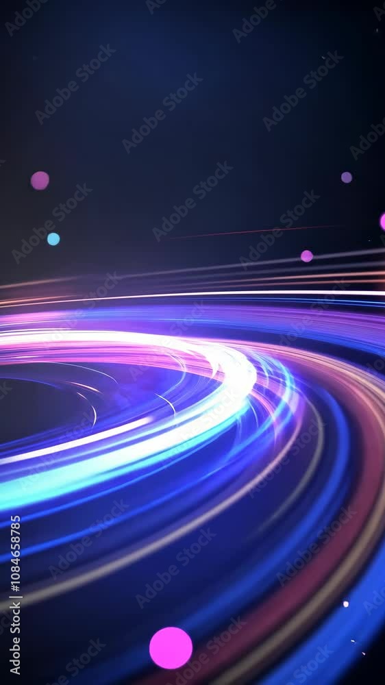 Swirling, luminous trails of blue, purple, and pink light dominate the dark scene