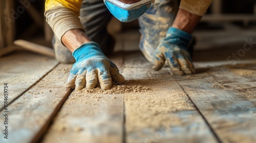 Craftsman in Protective Gear Working on Wooden Floor, Carefully Preparing Surface with Dust in Focus, Detailed Craftsmanship in Home Renovation Environment