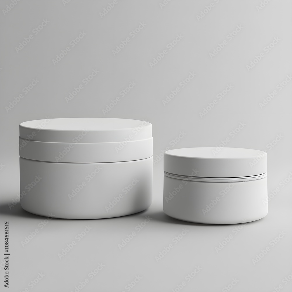 Two elegant and minimalistic cosmetic containers in white with smooth surfaces, designed for skincare products, set against a soft, neutral background to highlight beauty and simplicity Two elegant and minimalistic cosmetic containers in white with smooth surfaces, designed for skincare products, set against a soft, neutral background to highlight beauty and simplicity