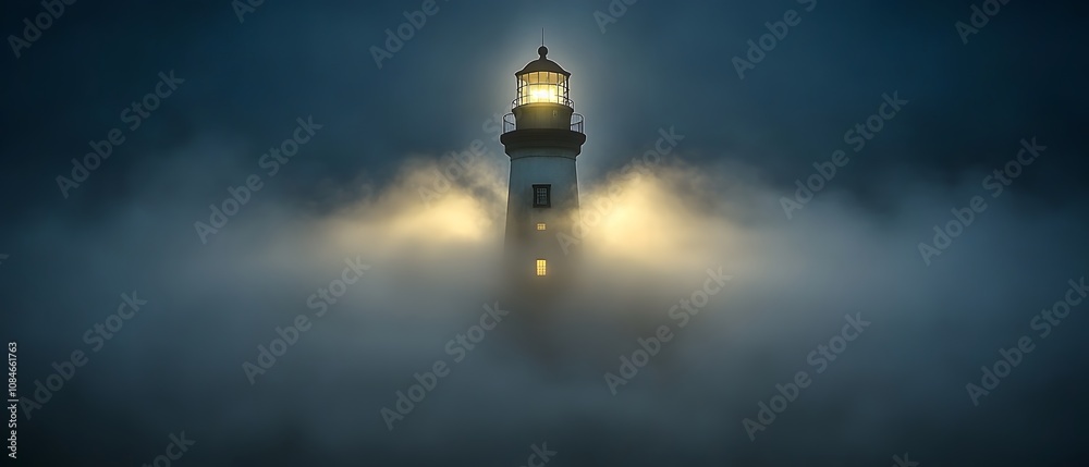 A lighthouse emerges from fog, illuminating the surroundings with its guiding light. A lighthouse emerges from fog, illuminating the surroundings with its guiding light.